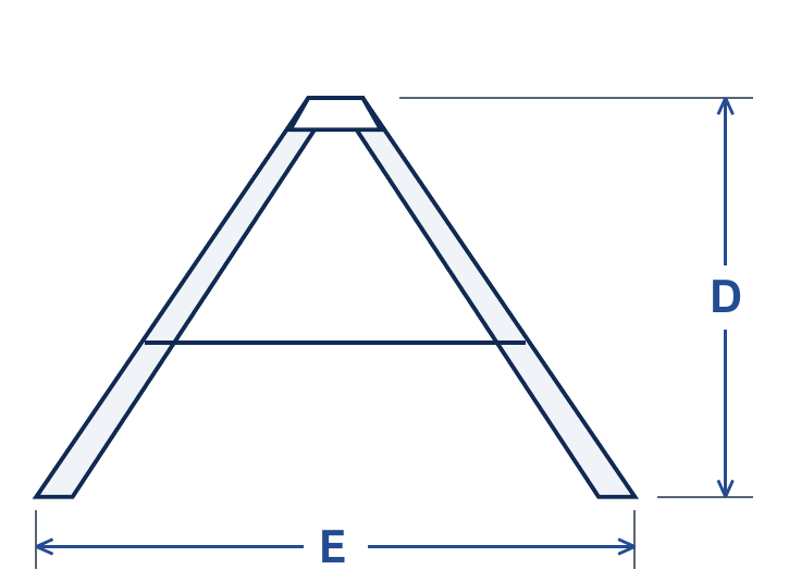 Side view: D open height, E footprint depth